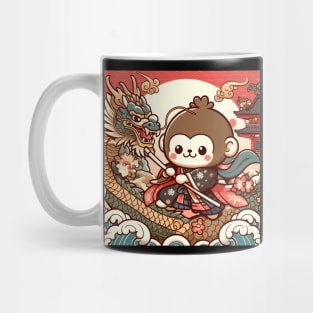 Monkey and Dragon Friendship during Edo Sunset Pagoda wave Classic Japanese Mug